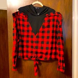 Fun fall look! Off the shoulder faux plaid flannel shirt with hoodie.